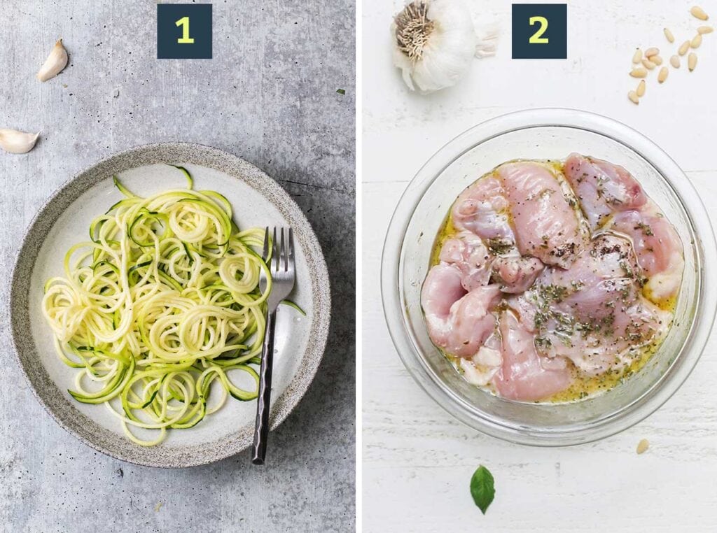 Step 1 shows adding zoodles to a plate, and step 2 shows marinating chicken thighs.
