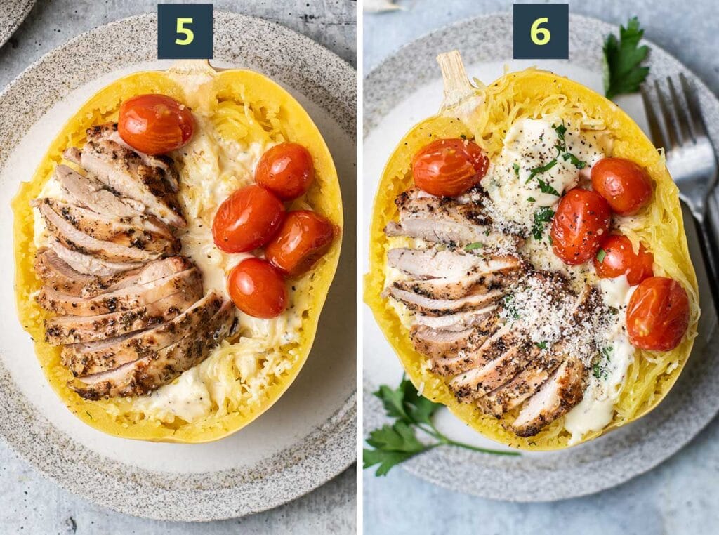 Step 5 shows topping the spaghetti squash with chicken and burst tomatoes, and step 6 shows garnishing the spaghetti squash alfredo with cheese and herbs.