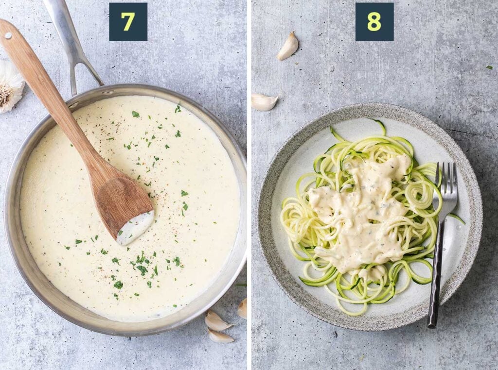 Step 7 shows seasoning the alfredo sauce with salt and pepper, and step 8 shows tossing the zoodles.
