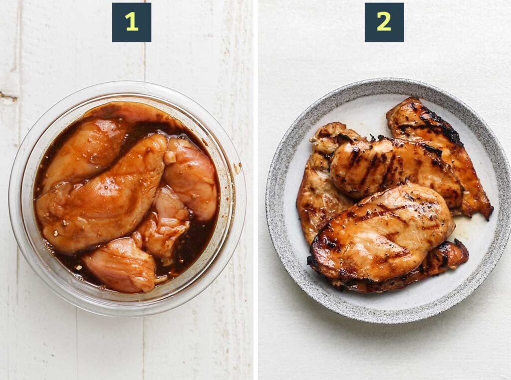 Step 1 shows marinating the chicken, and step 2 shows grilling the chicken.