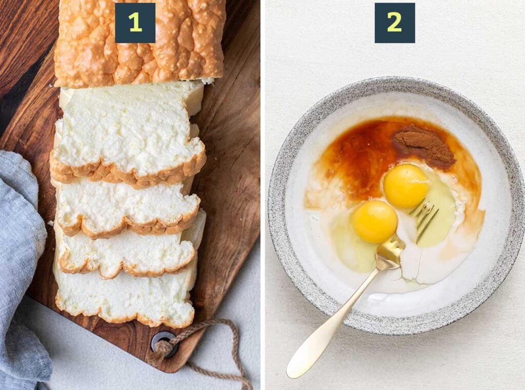 Step 1 is to cut thick slices of keto bread, and step 2 is how to make an egg custard.