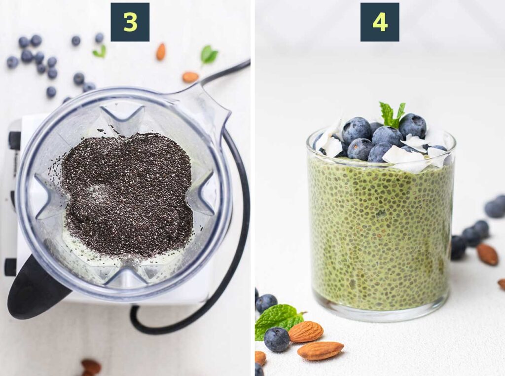 Step 3 shows adding the chia seeds, and step 4 shows serving the chia pudding with suggested keto toppings.