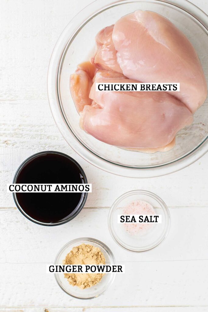 The ingredients needed to make a tender ginger marinated chicken.