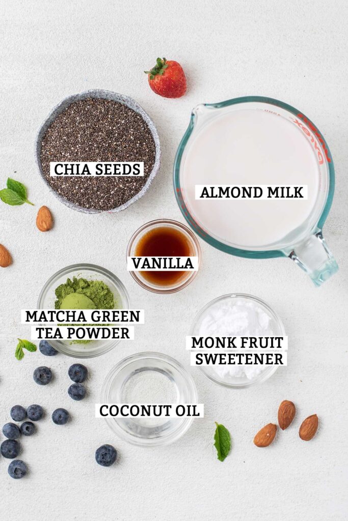 The ingredients needed to make matcha chia pudding.
