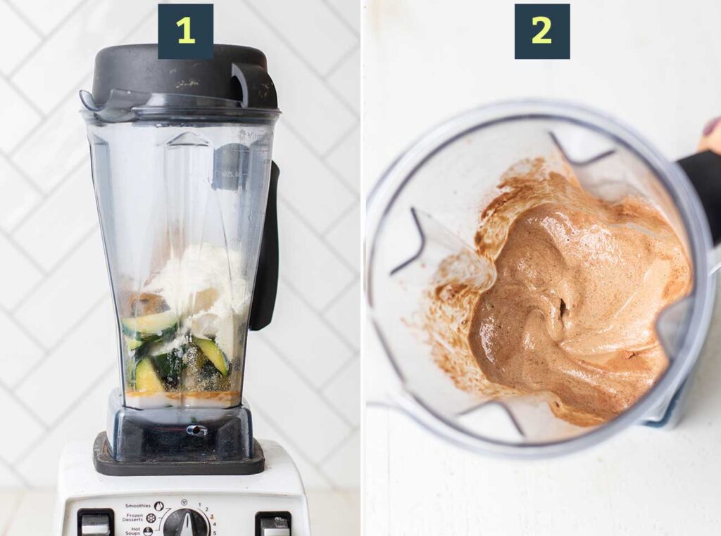 Step 1 shows adding ingredients to a blender, and step 2 shows blending until a smooth consistency is reached.