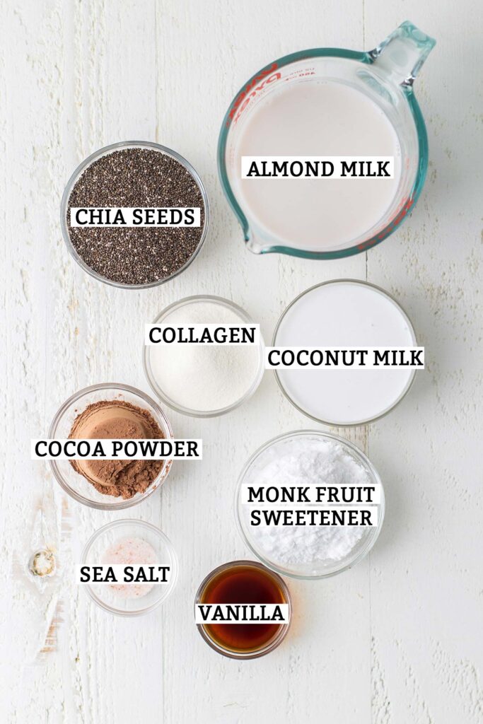 The ingredients needed to make a creamy blended chia pudding.