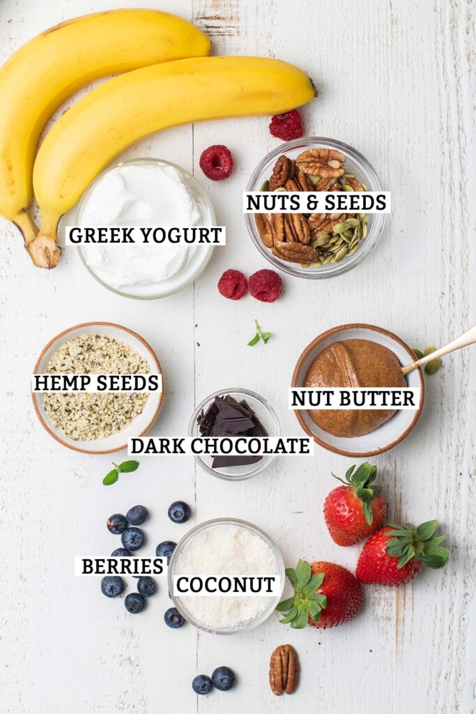 Topping suggestions for blended chia pudding breakfast bowls.