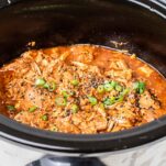 A view into a crockpot filled with chicken in a flavorful Asian style sauce.
