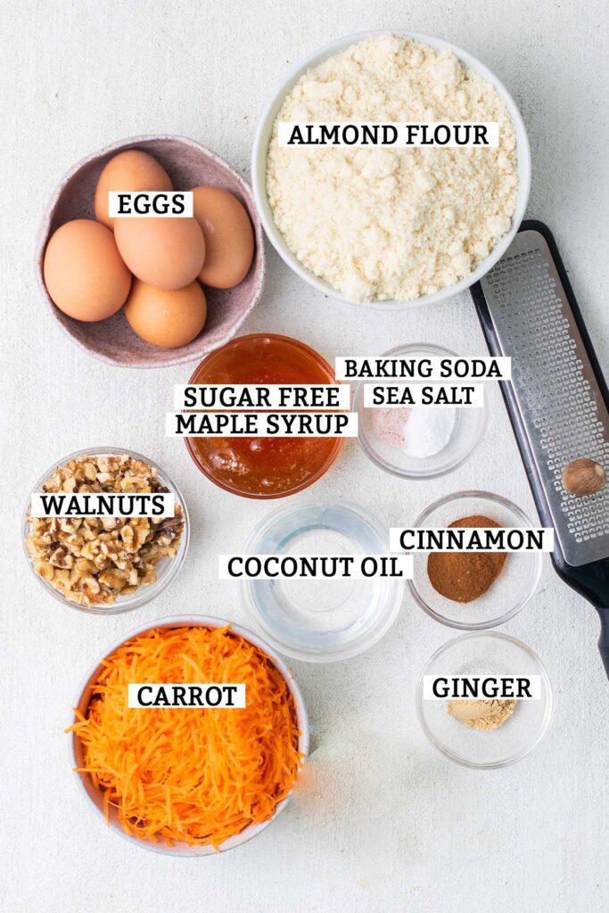 The ingredients needed to make keto carrot cake cupcakes.