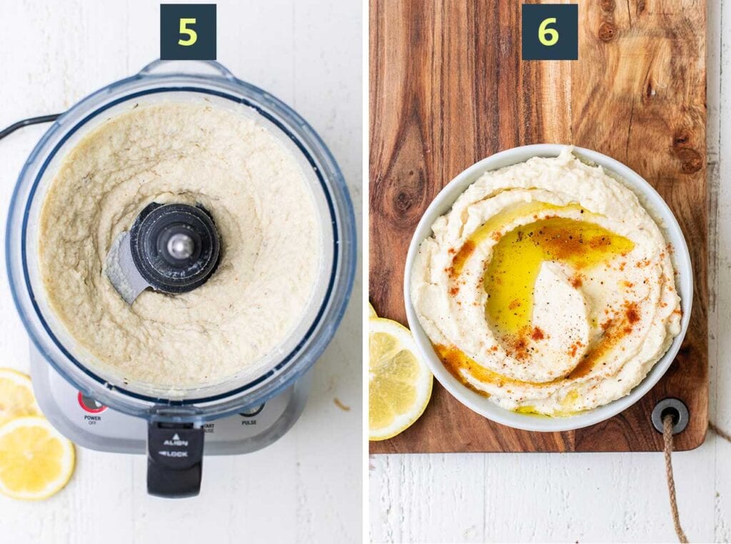 Step 5 shows processing the hummus until very smooth, and step 6 shows garnishing the hummus.