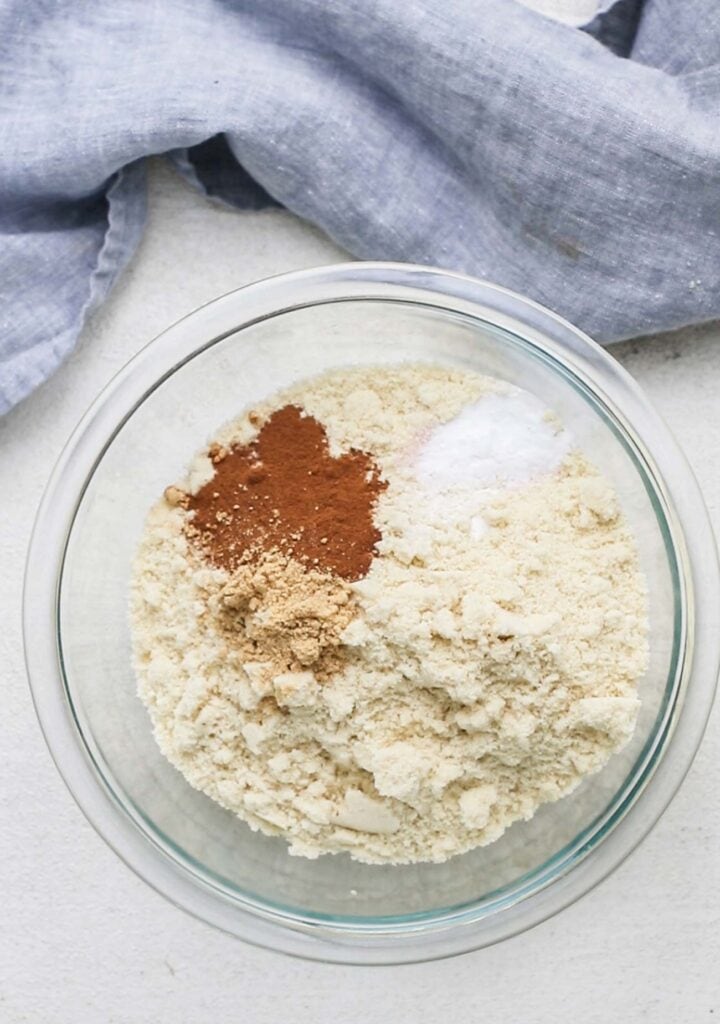 The dry ingredients shown in a large mixing bowl.