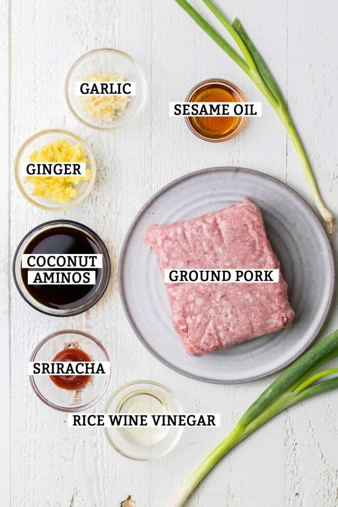 The ingredients needed to make a ground Asian pork mixture.