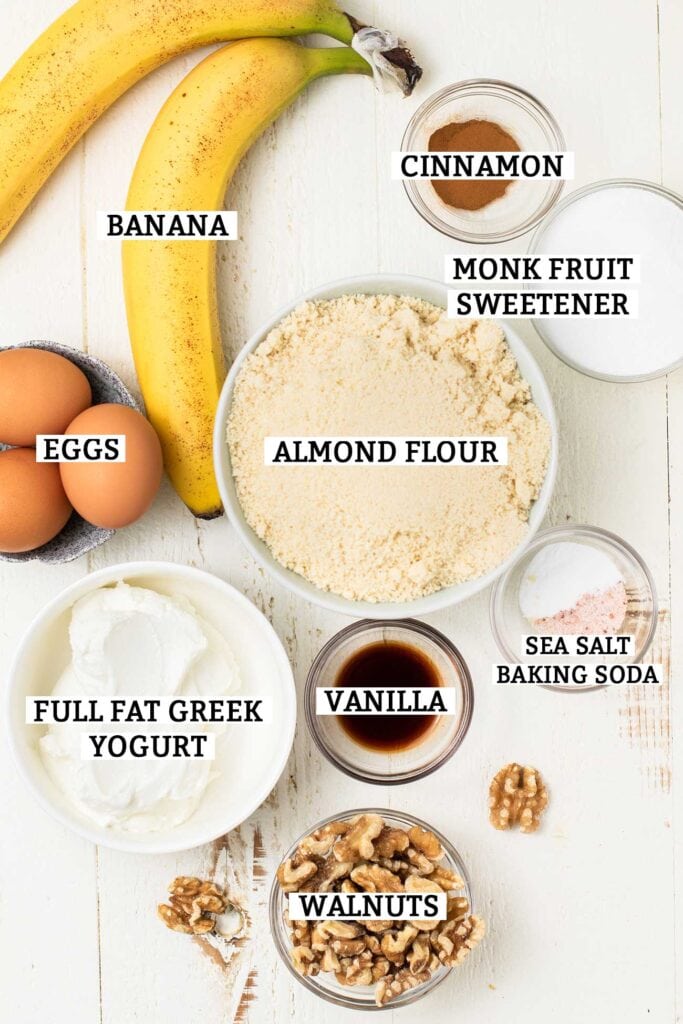 The ingredients needed for keto banana bread shown prepared and labeled.