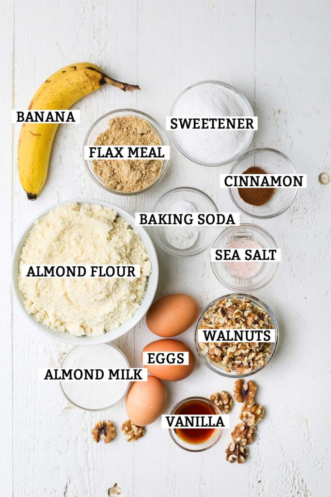 The ingredients needed to make keto banana muffins.