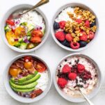 4 bowls of cottage cheese topped with a variety of low carb toppings.