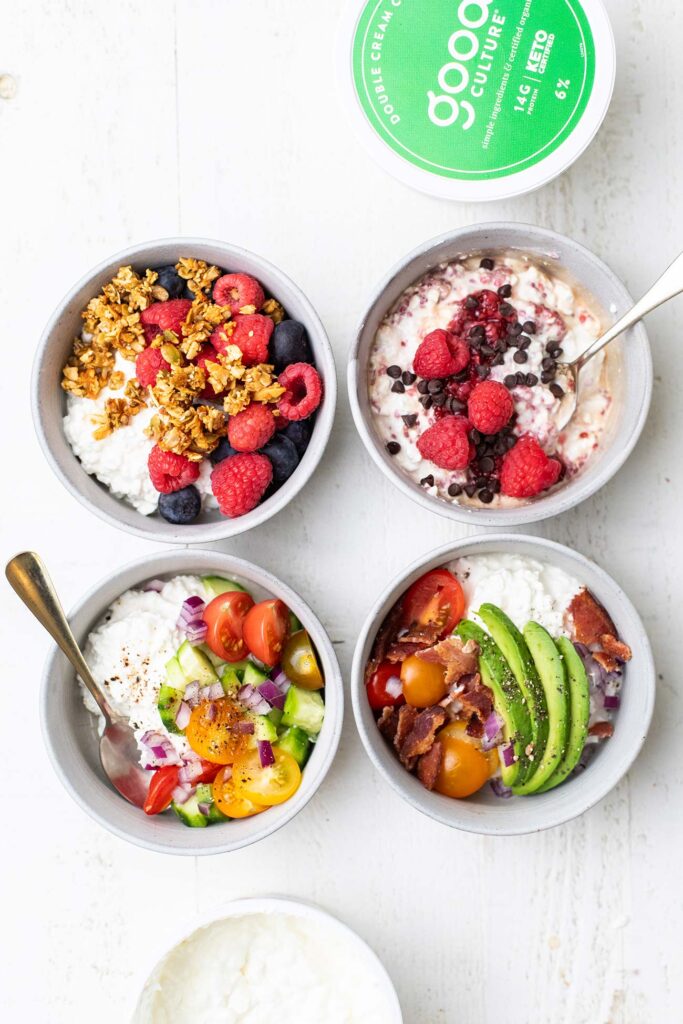 4 bowls of cottage cheese shown with keto toppings.