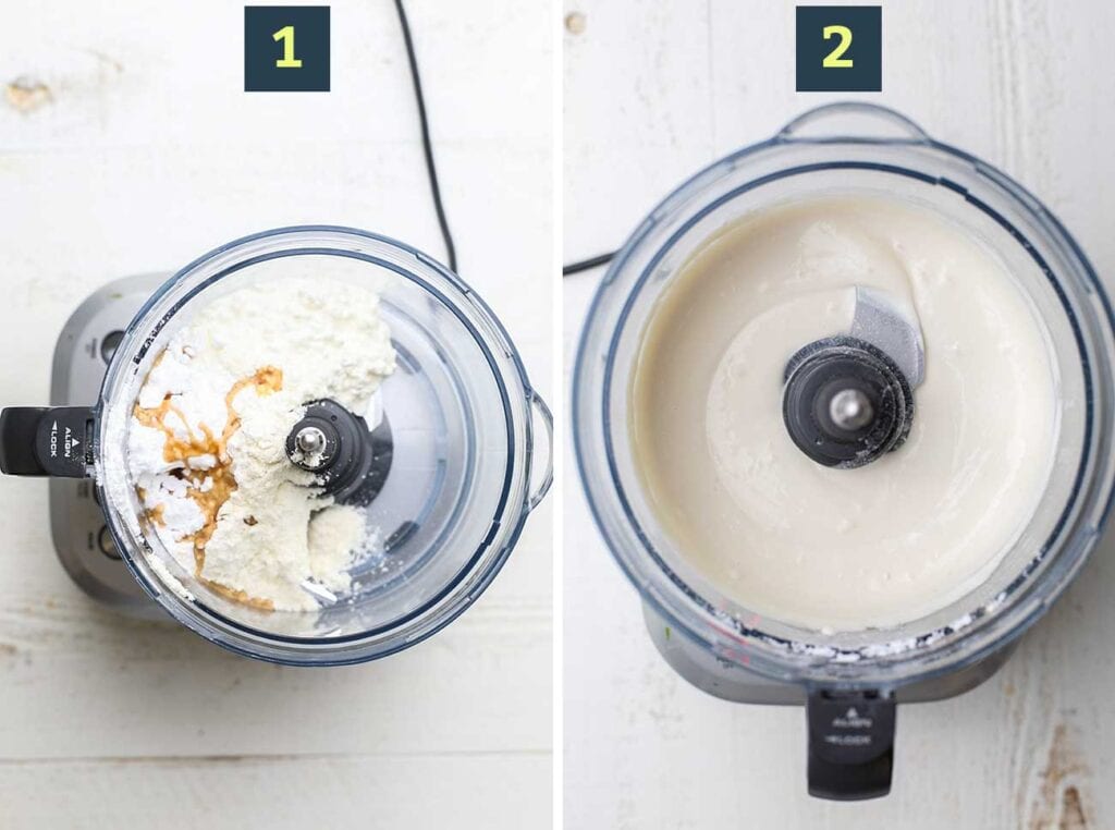 Two images showing to add all the ingredients to a food processor, and then blending until it's very smooth and creamy.