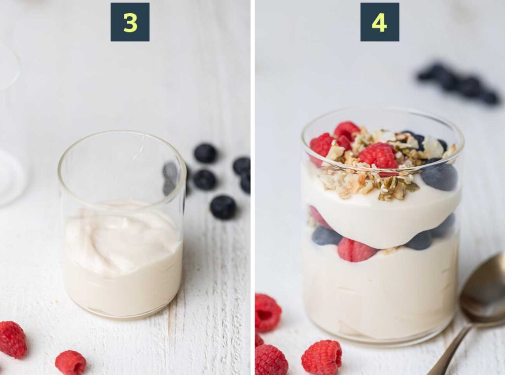 Step 3 shows adding protein pudding to a glass. Step 4 shows layering the pudding with berries and granola.