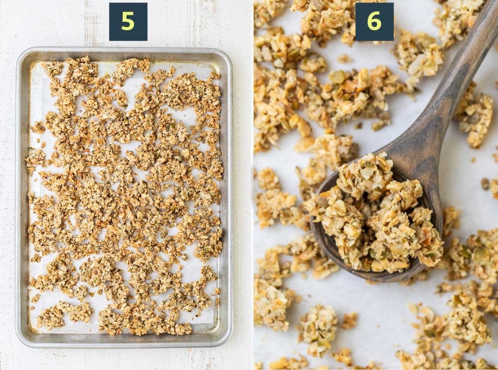 Step 5 shows adding granola to a baking pan, and step 6 shows the toasted, baked granola.
