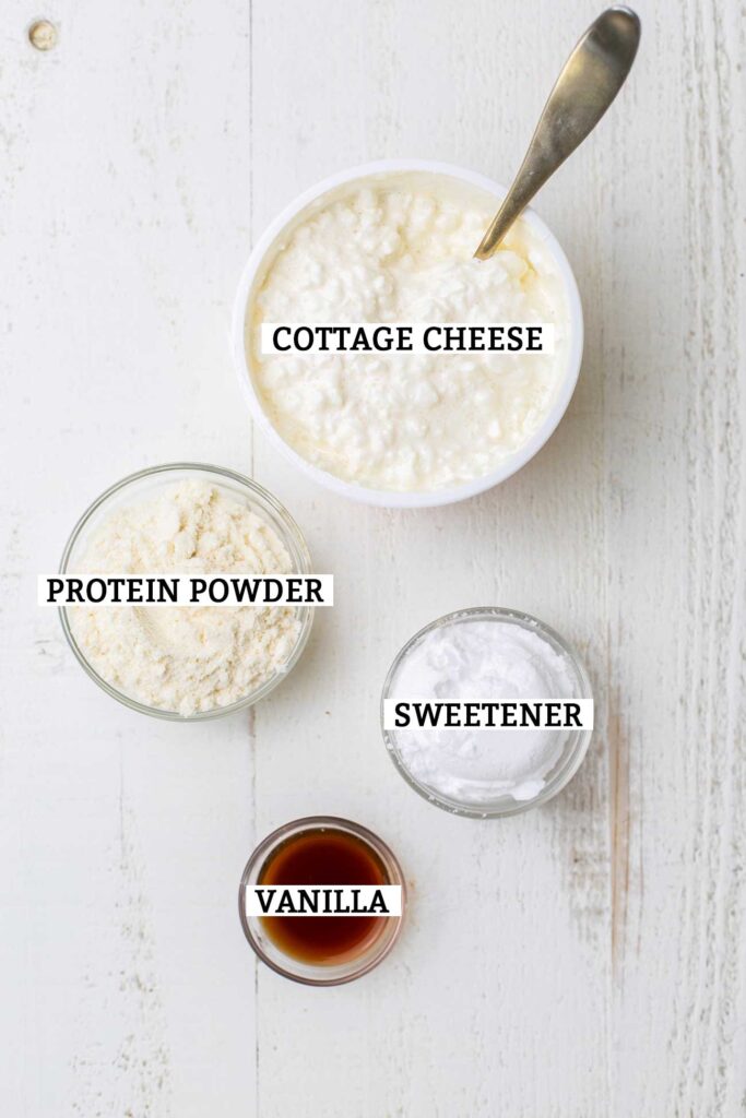 The ingredients needed to make a vanilla protein pudding shown with labels.