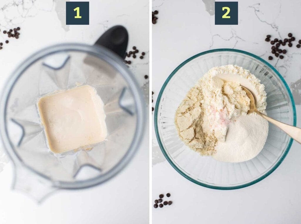 Step 1 shows processing the cottage cheese until smooth. Step 2 shows combining the dry ingredients in a bowl.