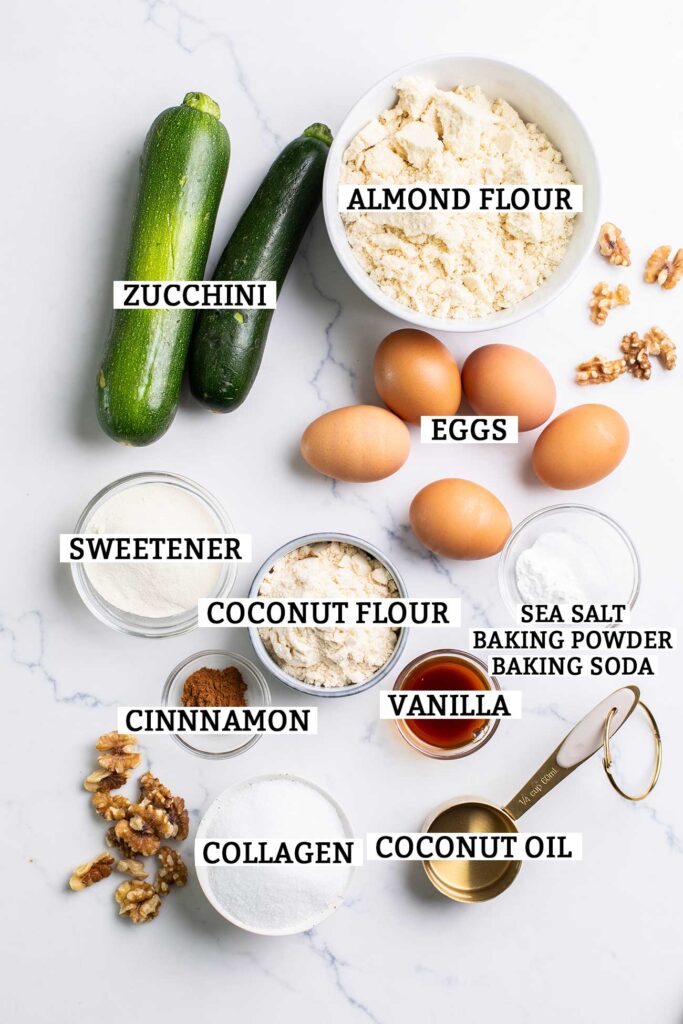 The ingredients used to make keto zucchini muffins.