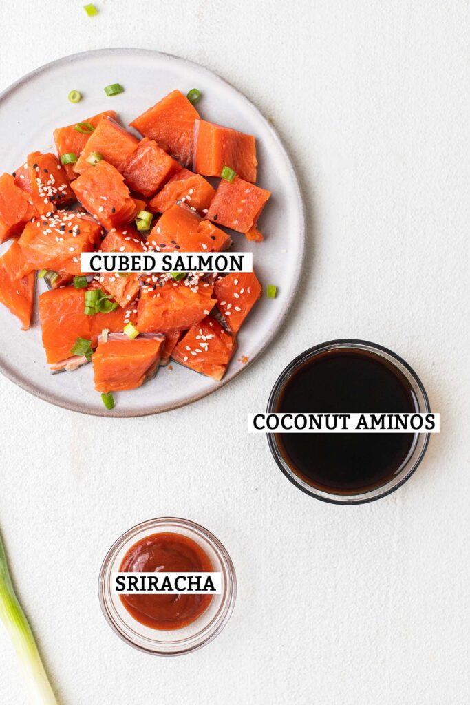 The ingredients needed to make air fryer salmon bites.