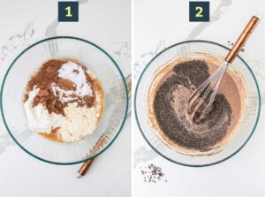 step 1 shows whisking the milk and flavorings together, and step 2 shows whisking in chia seeds.