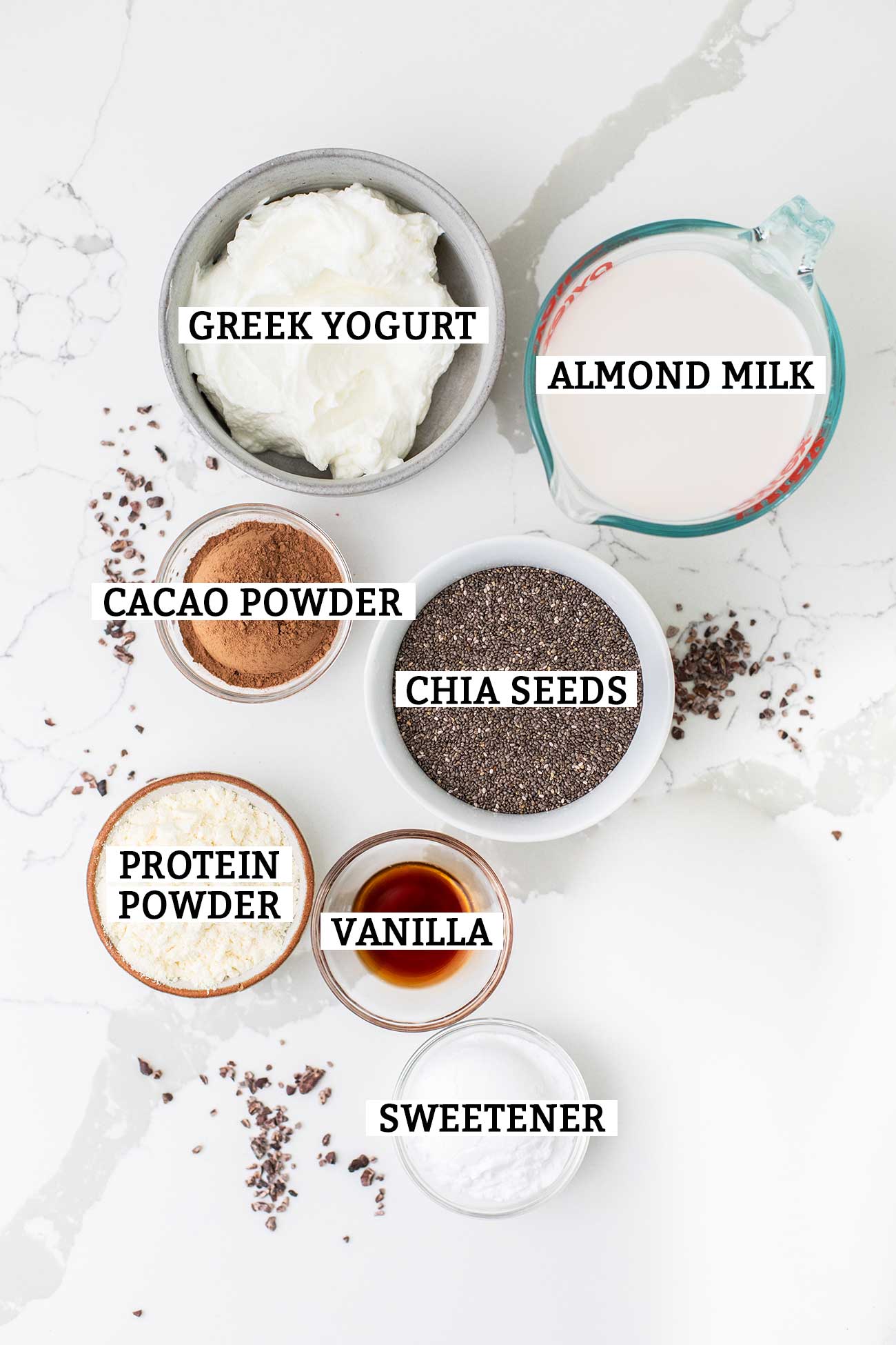 The ingredients needed to make a high protein chia seed pudding.