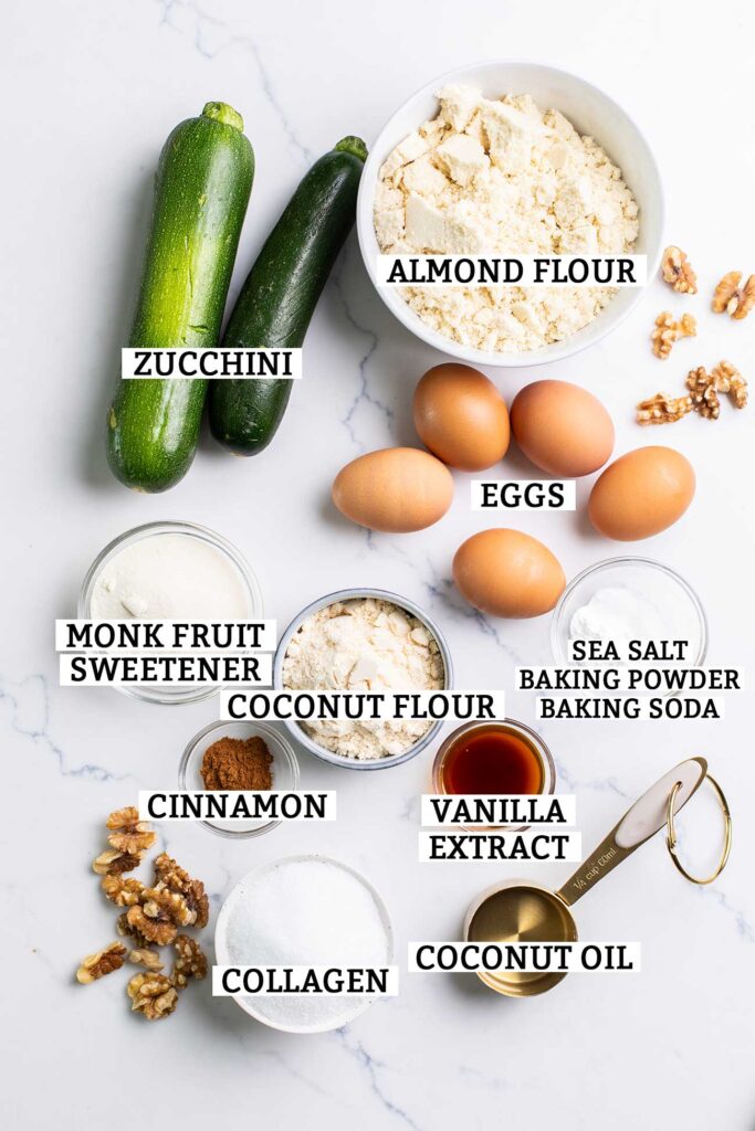 The ingredients needed to make a keto zucchini bread.